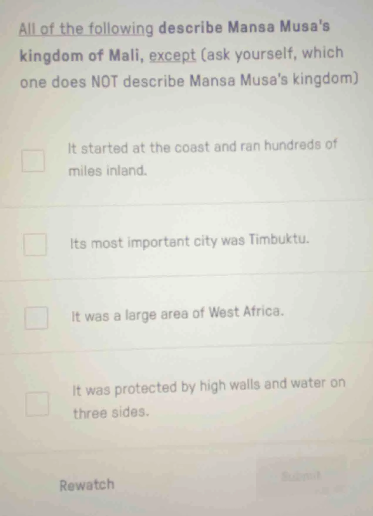 all of the following describe mansa musas kingdom of mali, except (ask …