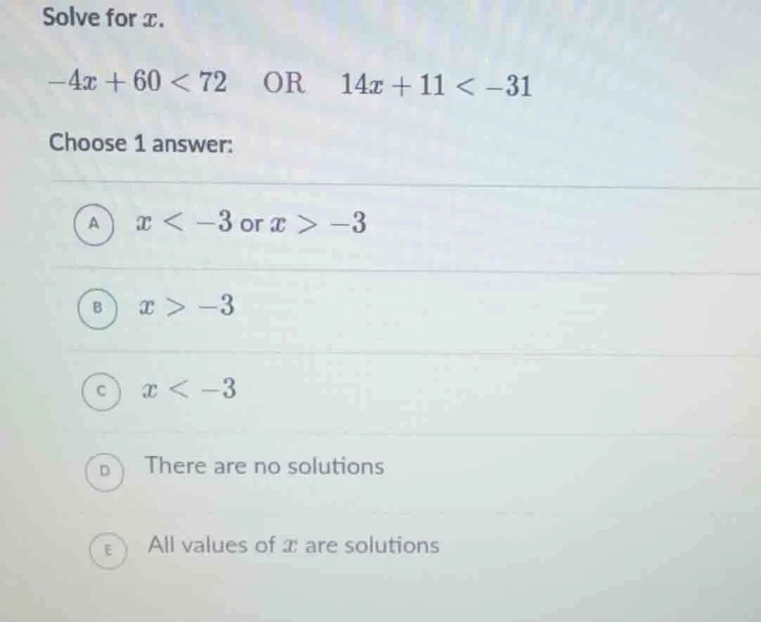 solve for x.\ -4x + 60 < 72 or 14x + 11 < -31\ choose 1 answer:\ a x < …
