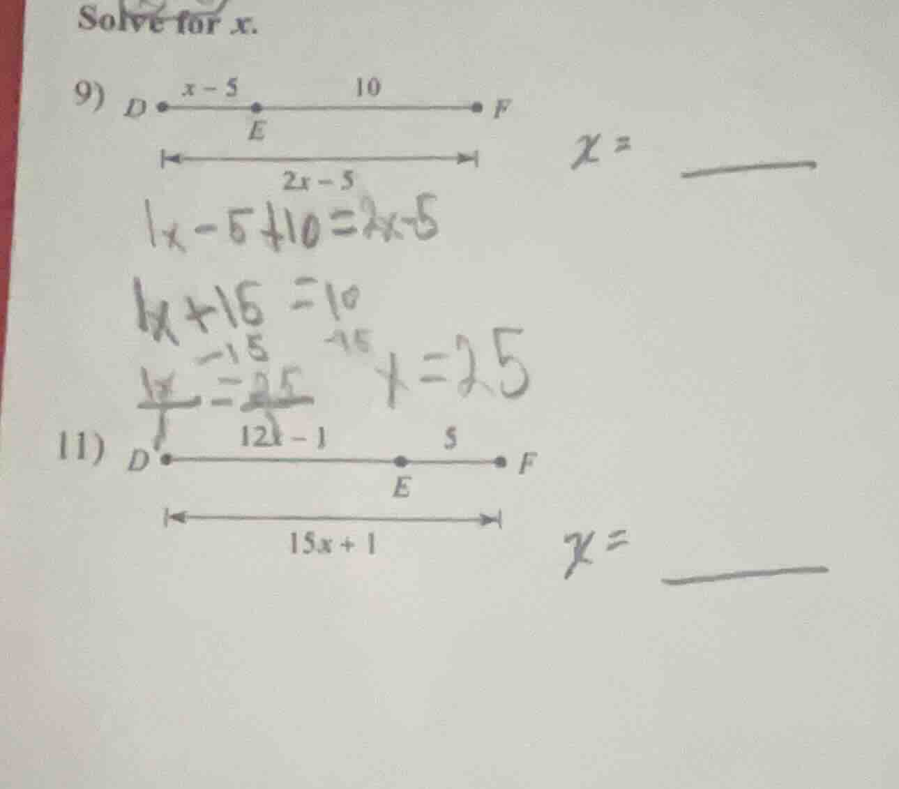 solve for x. 9) d • $\\boldsymbol{x - 5}$ • e $\\boldsymbol{10}$ • f $\…