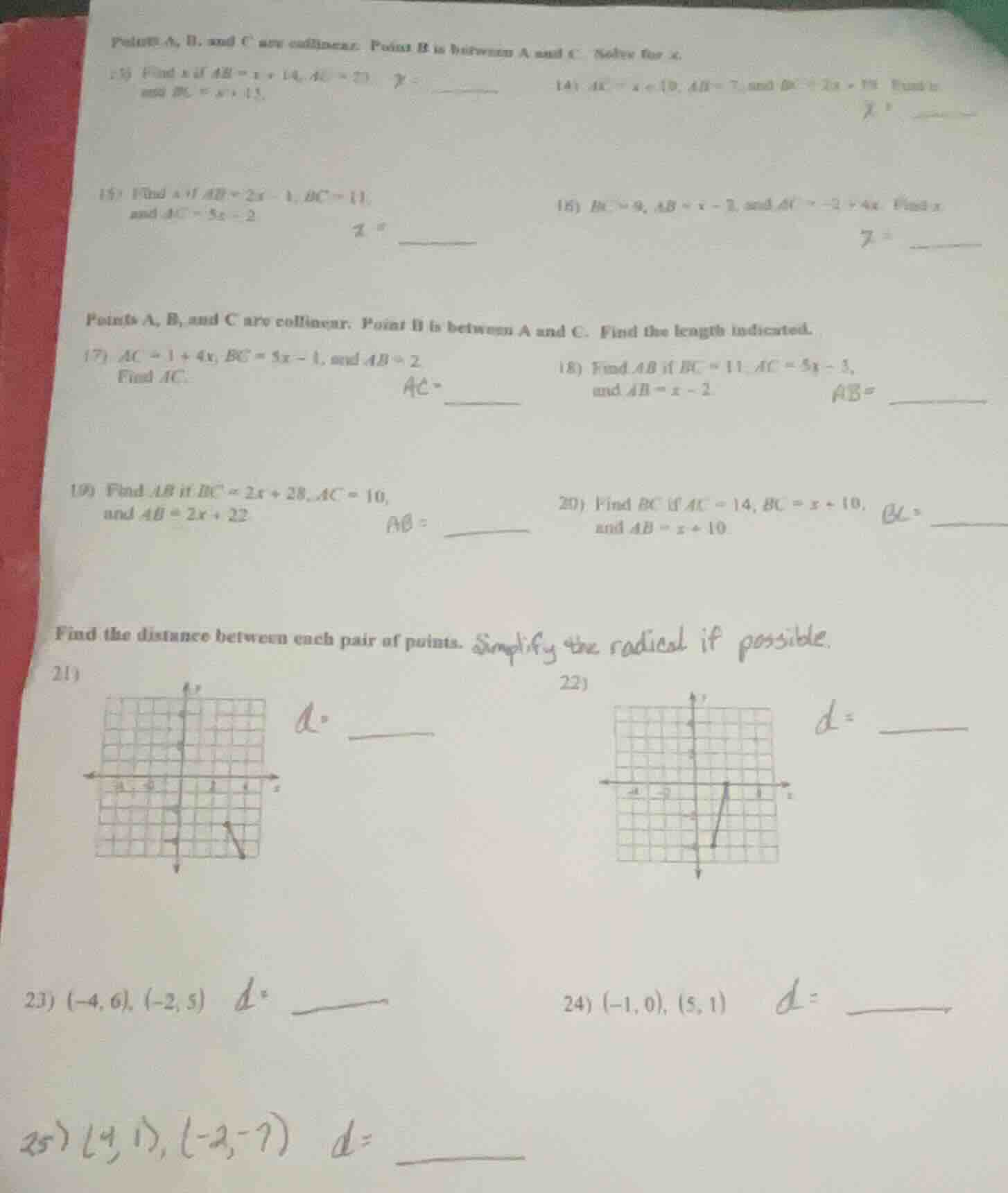 points a, b, and c are collinear. point b is between a and c. solve for…