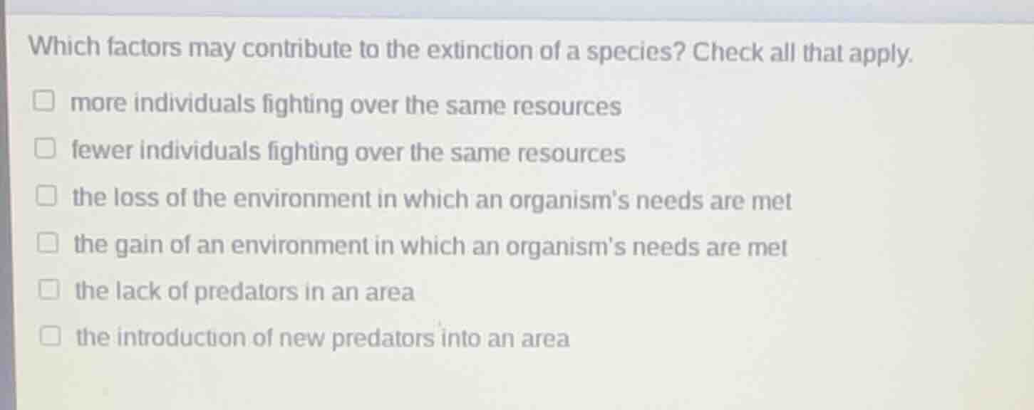 which factors may contribute to the extinction of a species? check all …