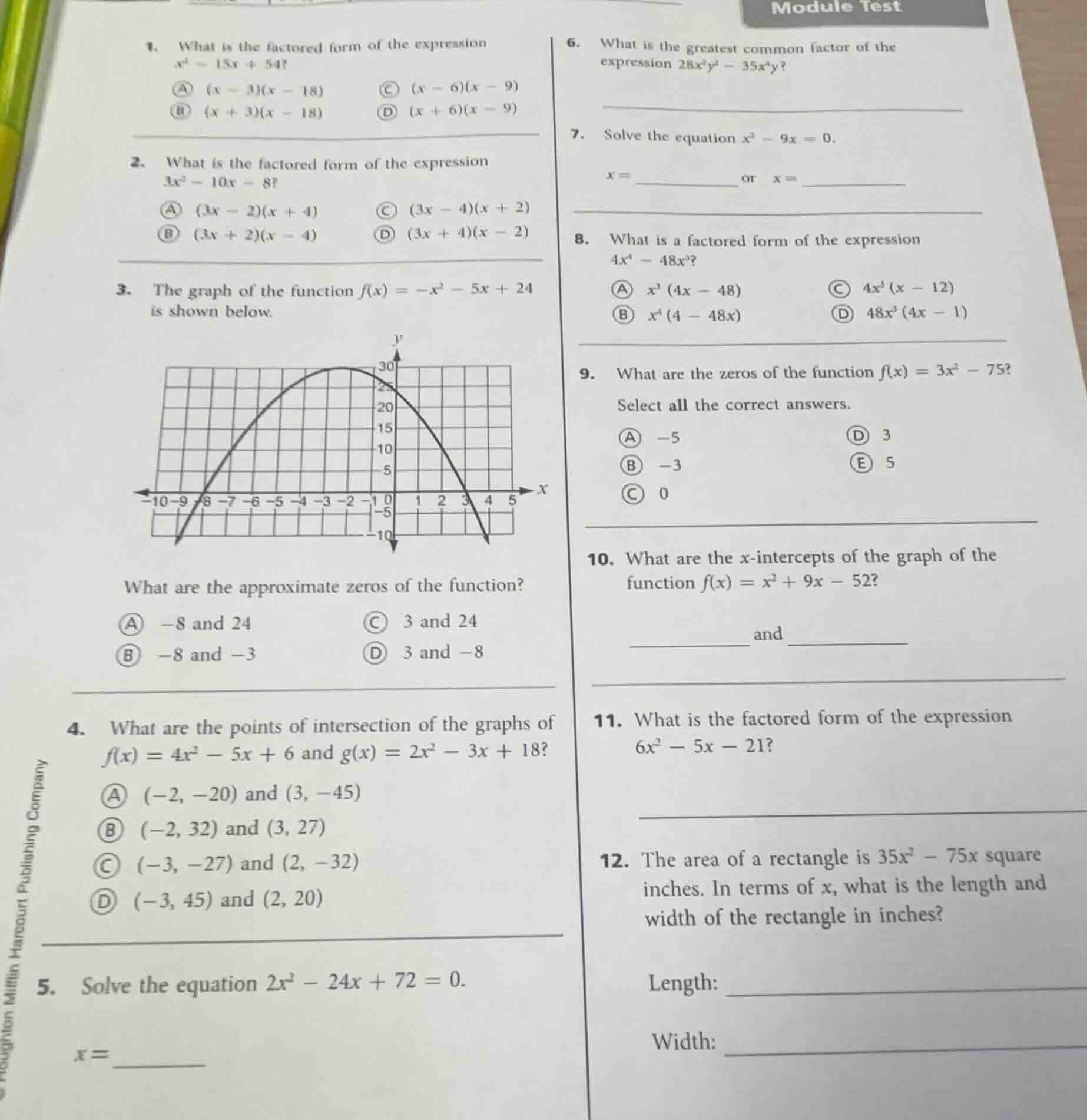 module test 1. what is the factored form of the expression ( x^2 - 15x …