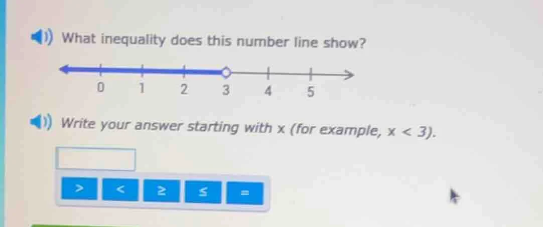 what inequality does this number line show? 0 1 2 3 4 5 write your answ…