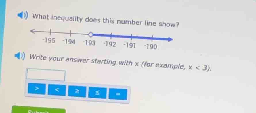 what inequality does this number line show? -195 -194 -193 -192 -191 -1…