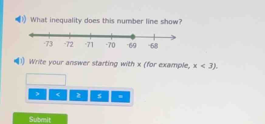 what inequality does this number line show? -73 -72 -71 -70 -69 -68 wri…