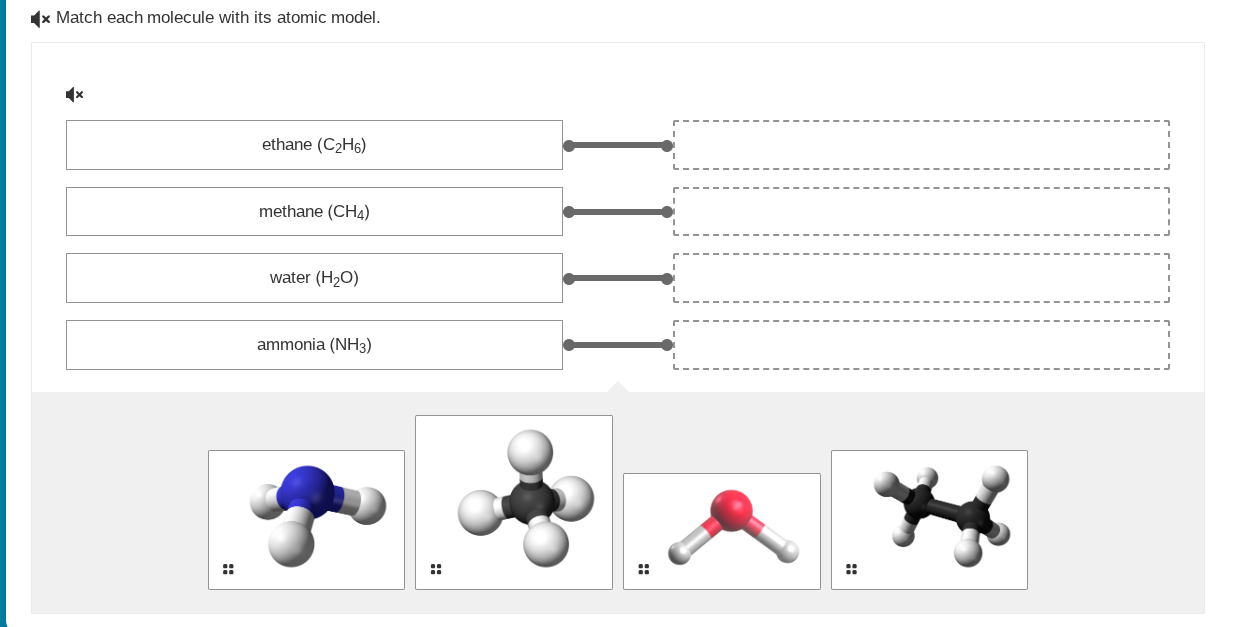 match each molecule with its atomic model. ethane (c₂h₆) methane (ch₄) …