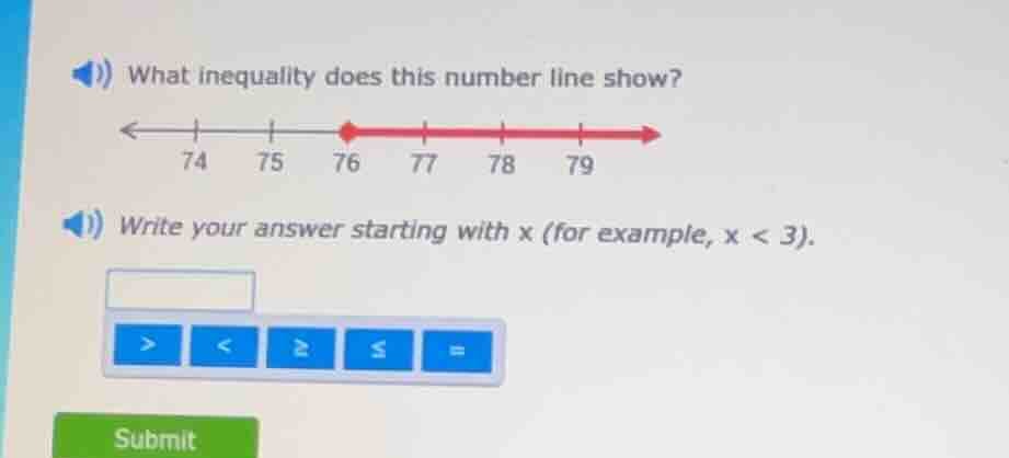 what inequality does this number line show? 74 75 76 77 78 79 write you…
