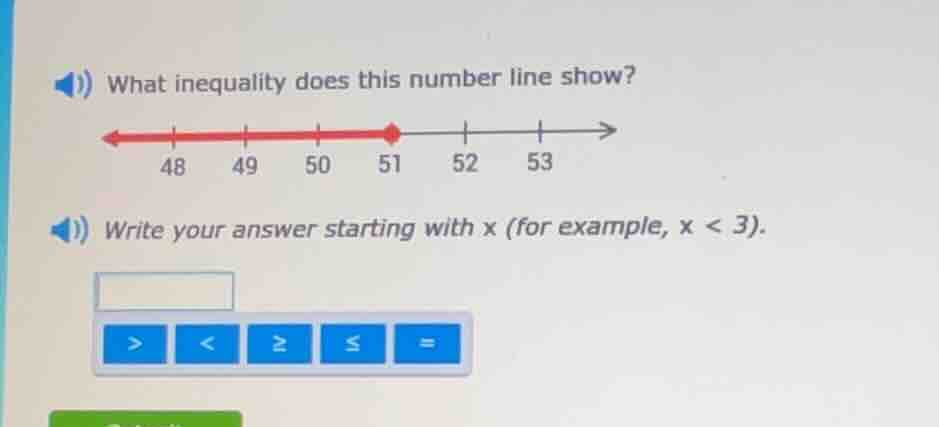 what inequality does this number line show? write your answer starting …