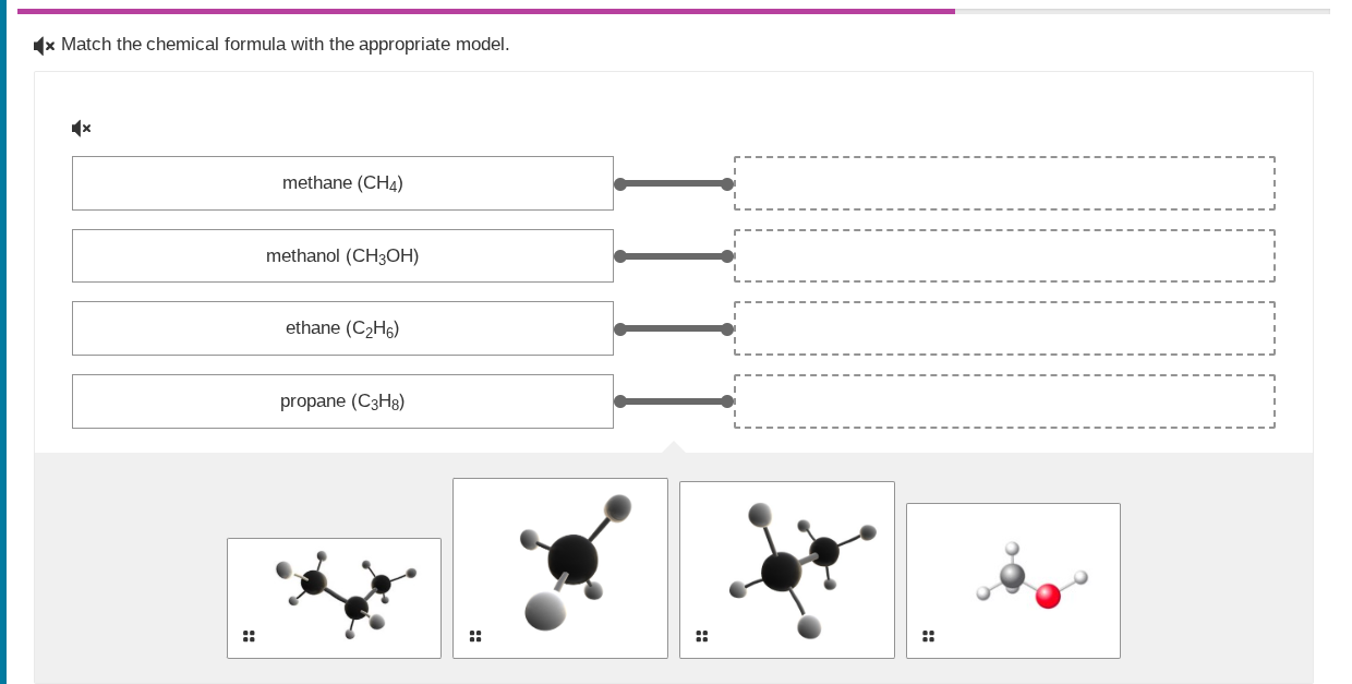 match the chemical formula with the appropriate model. methane (ch₄) me…
