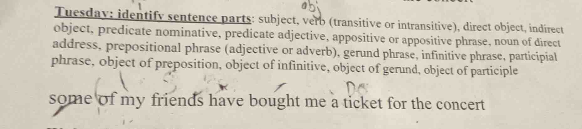 tuesday: identify sentence parts: subject, verb (transitive or intransi…