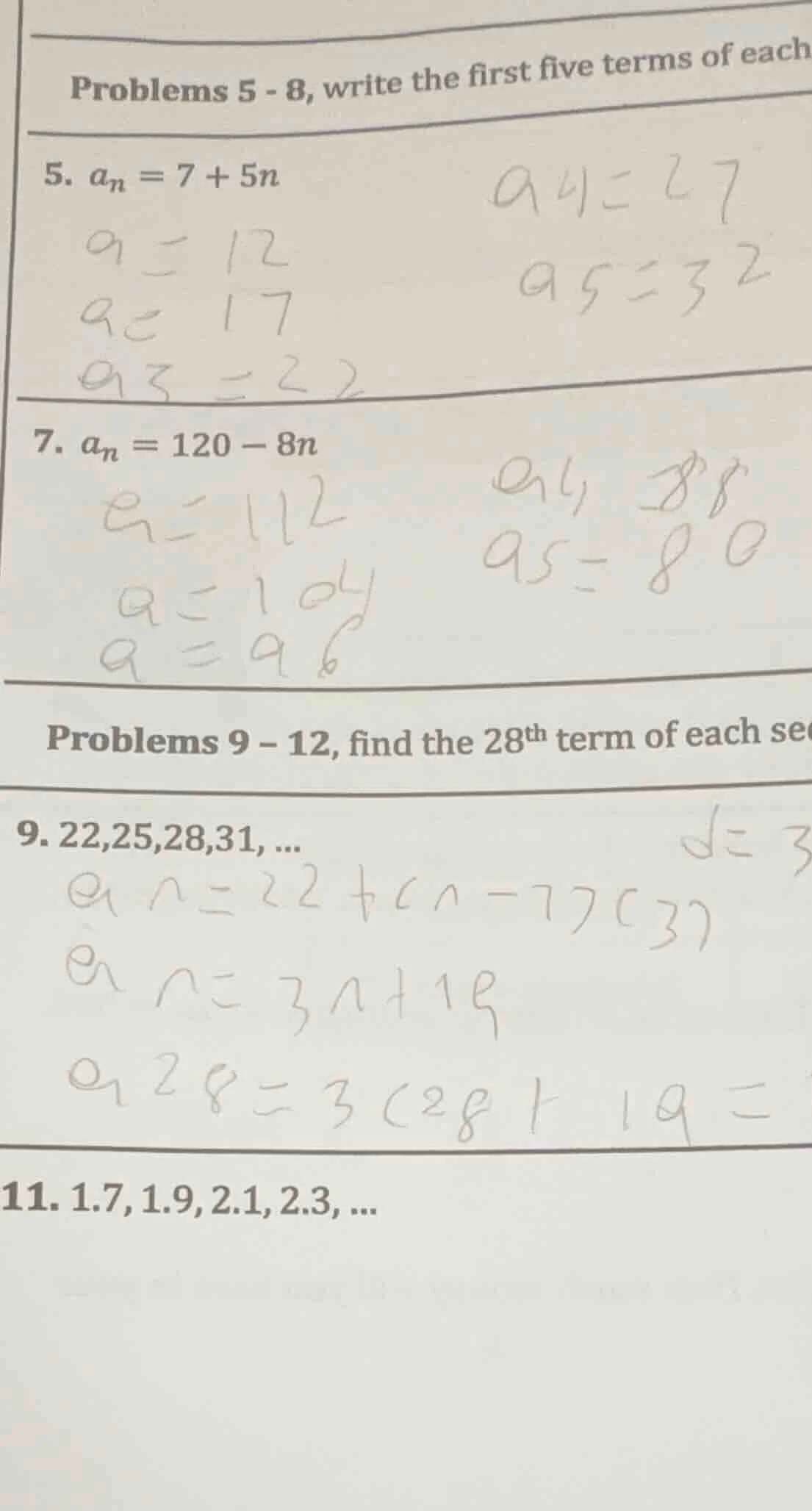 problems 5 - 8, write the first five terms of each 5. $a_n = 7 + 5n$ 7.…