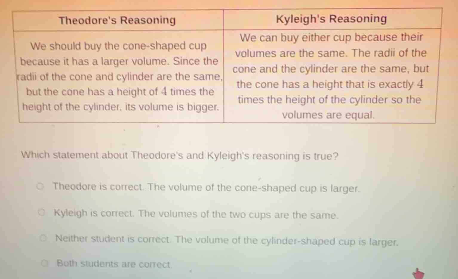 theodores reasoning we should buy the cone - shaped cup because it has …