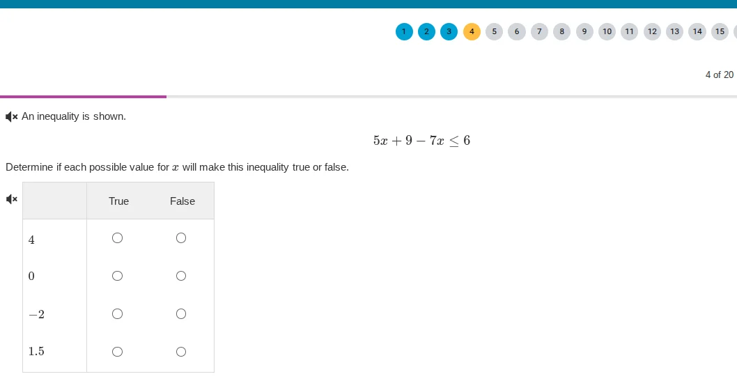 an inequality is shown. $5x + 9 - 7x \\leq 6$ determine if each possibl…