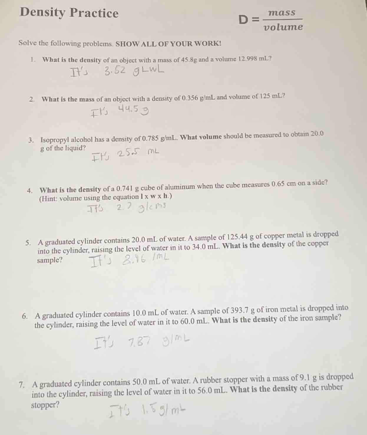 density practice $\\boldsymbol{d = \\frac{mass}{volume}}$ solve the fol…