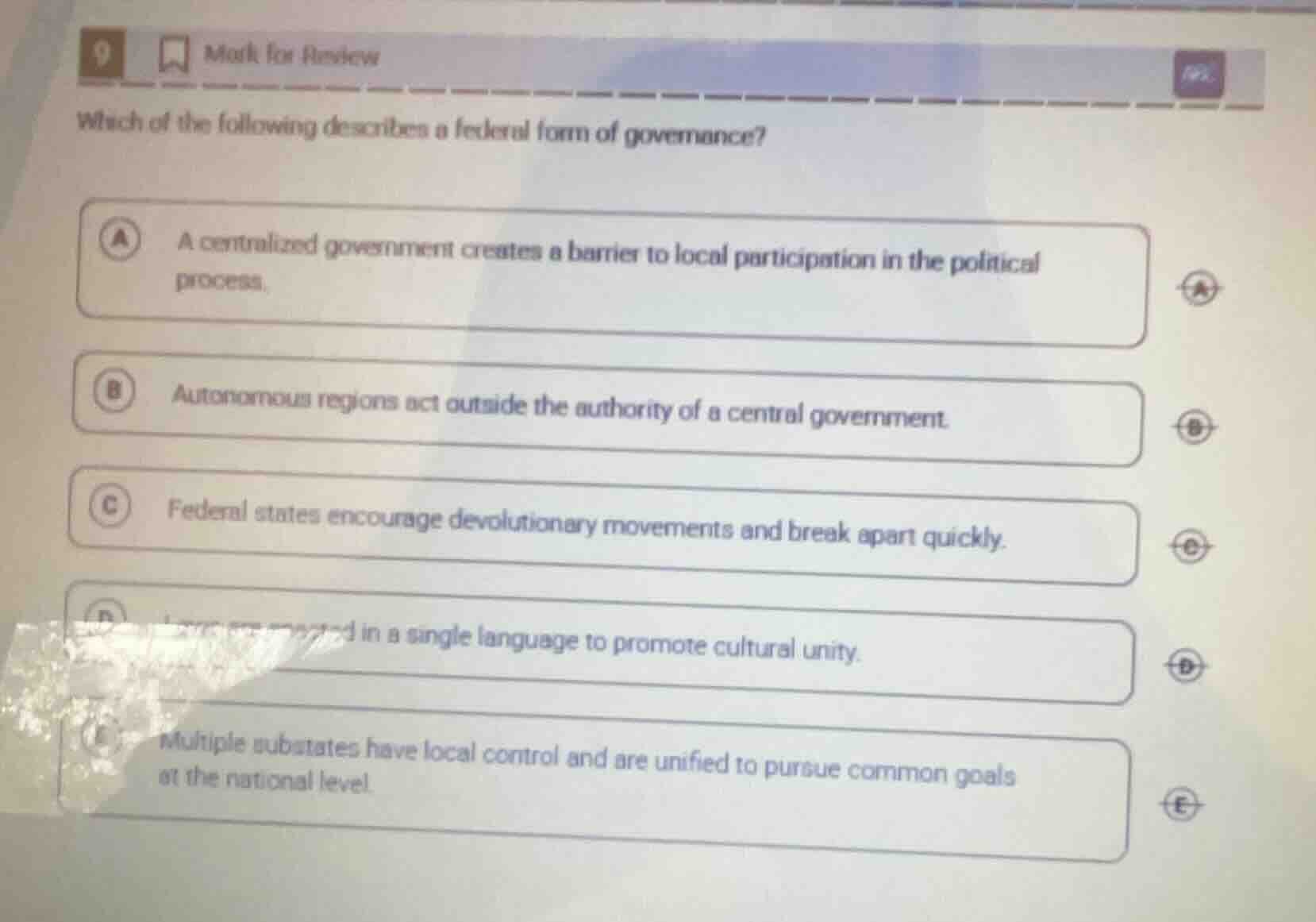 which of the following describes a federal form of governance? a a cent…
