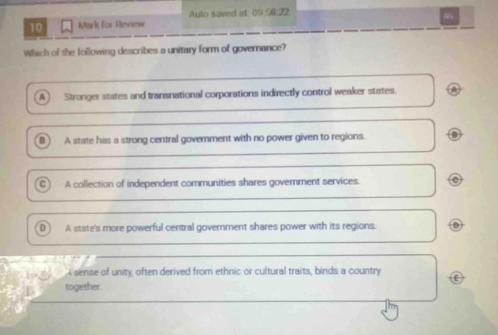 10 mark for review which of the following describes a unitary form of g…