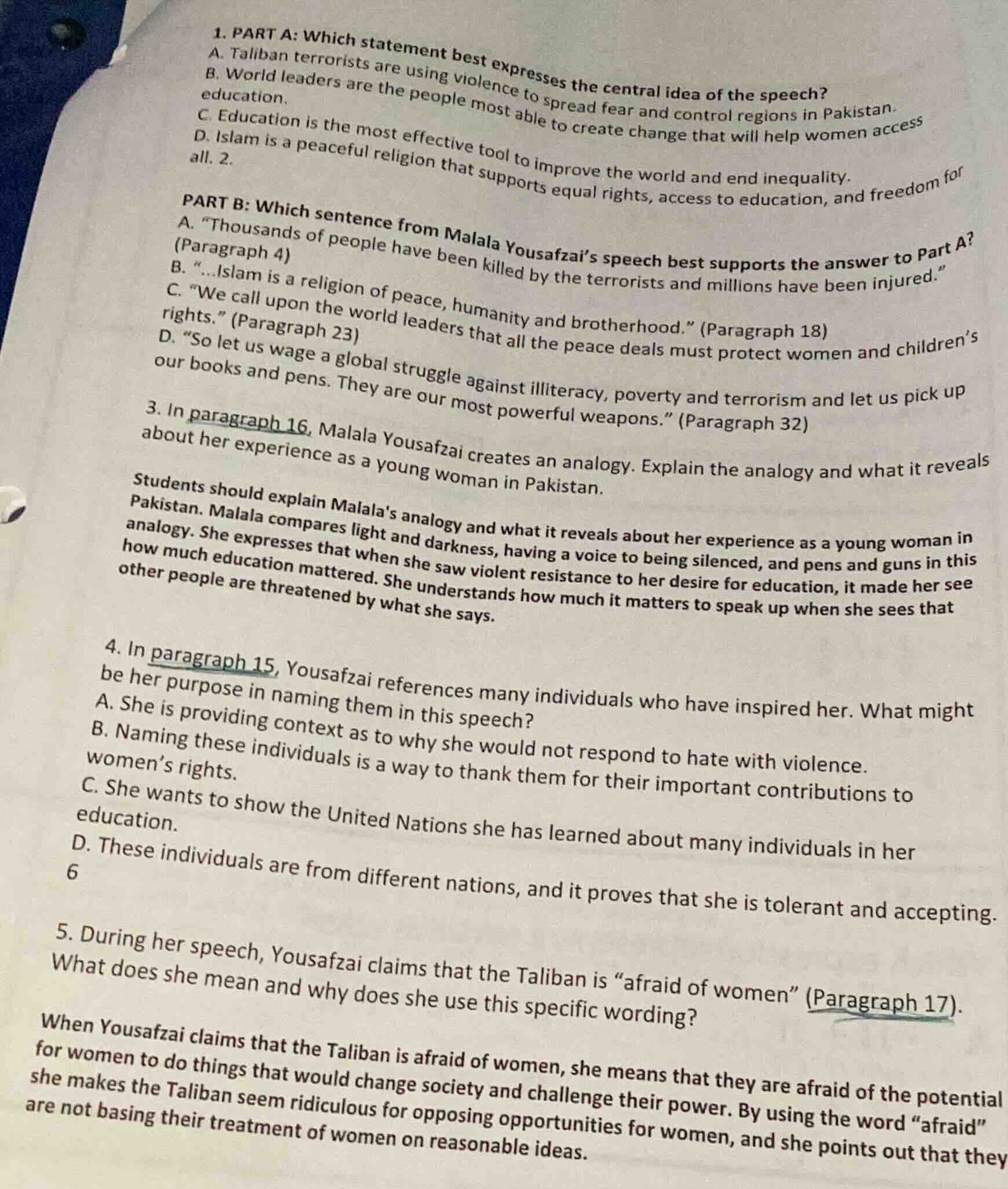 1. part a: which statement best expresses the central idea of the speec…
