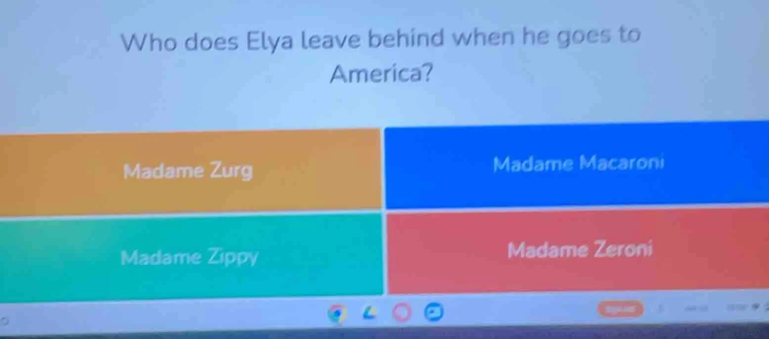 who does elya leave behind when he goes to america? madame zurg madame …