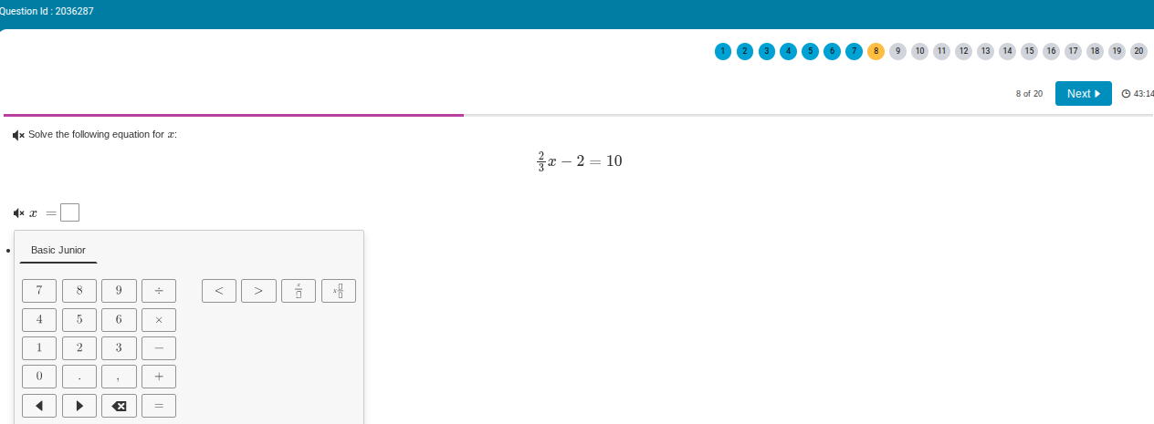 solve the following equation for ( x ): ( \frac{2}{3}x - 2 = 10 ) ( x =…
