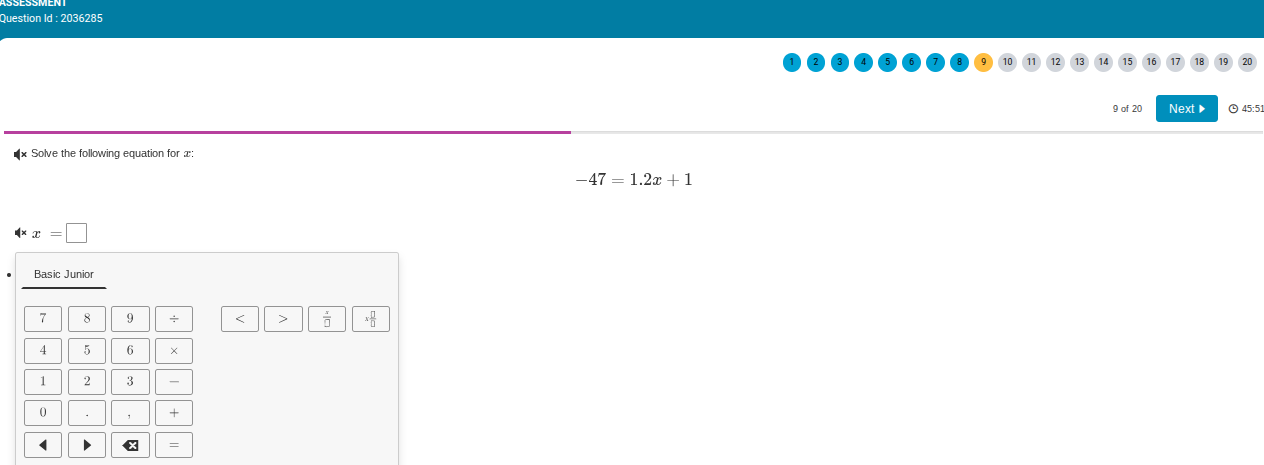 solve the following equation for ( x ): ( -47 = 1.2x + 1 ) ( x = square…
