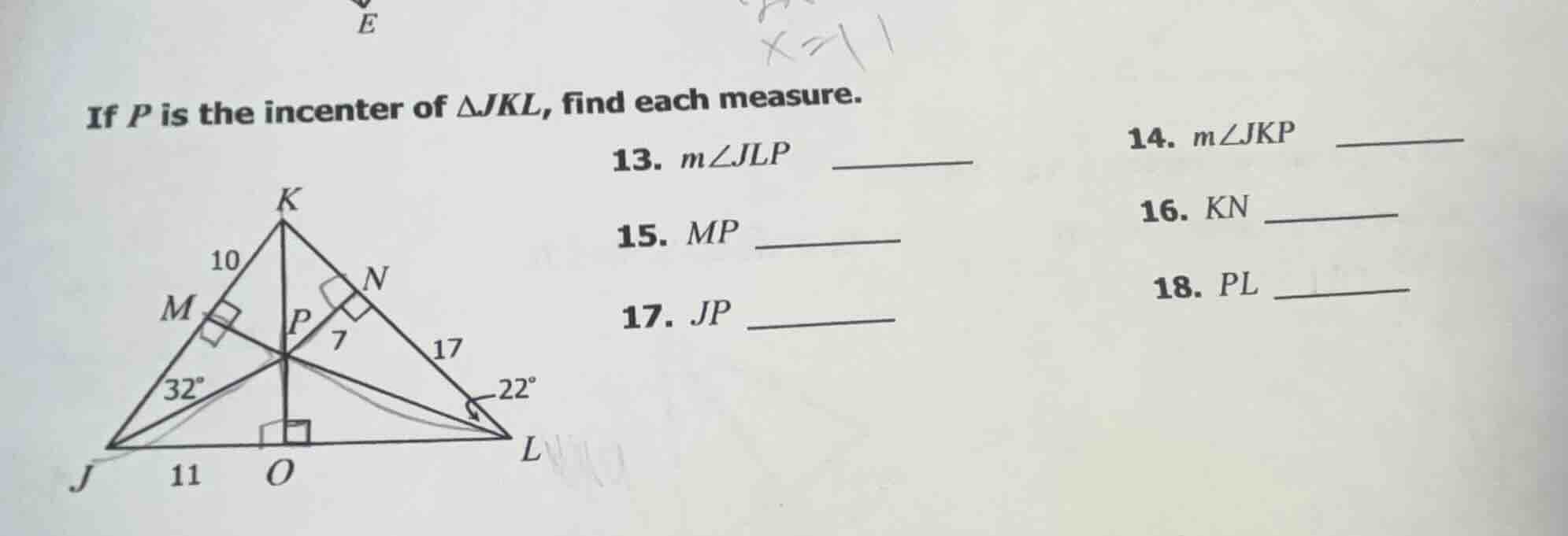 if p is the incenter of $\\triangle jkl$, find each measure. 13. $m\\an…