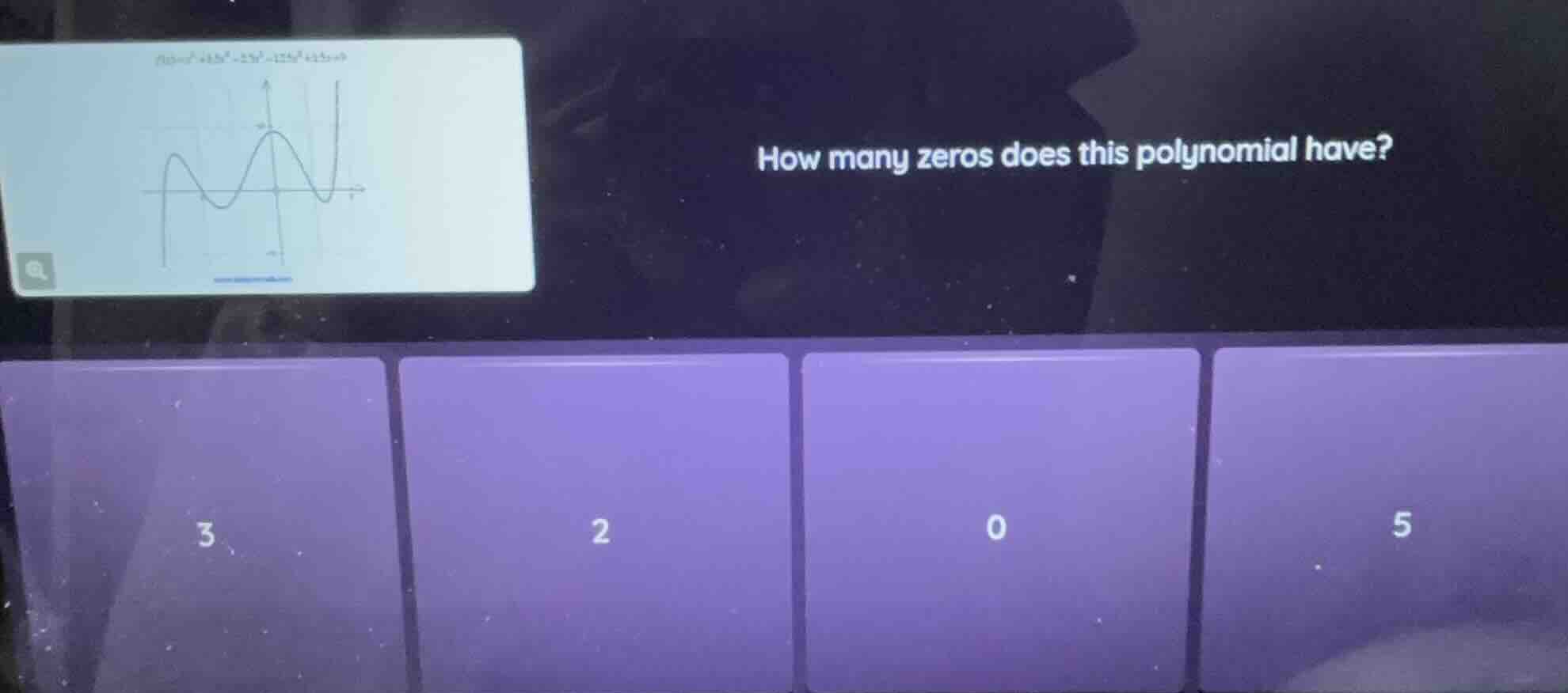 how many zeros does this polynomial have? options: 3, 2, 0, 5
