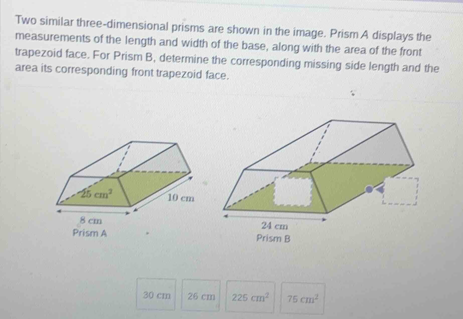 two similar three - dimensional prisms are shown in the image. prism a …