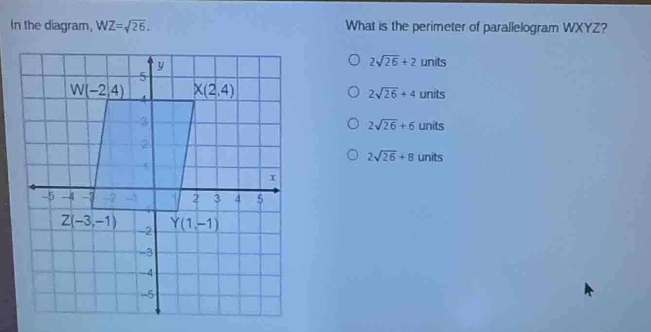 in the diagram, $wz = \\sqrt{26}$. what is the perimeter of parallelogr…