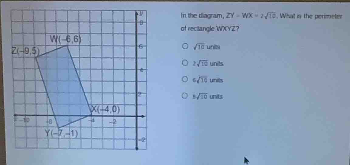 in the diagram, ( zy = wx = 2sqrt{10} ). what is the perimeter of recta…