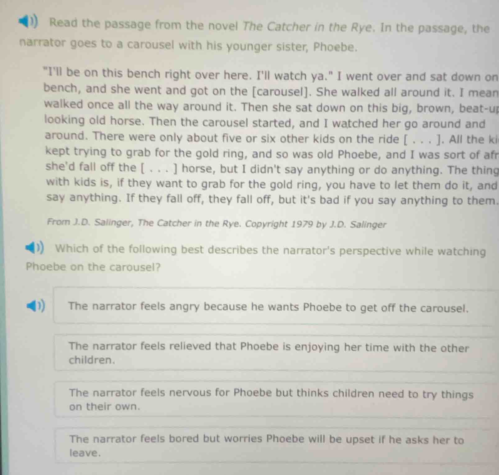 read the passage from the novel the catcher in the rye. in the passage,…