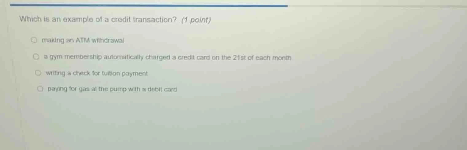 which is an example of a credit transaction? (1 point) making an atm wi…