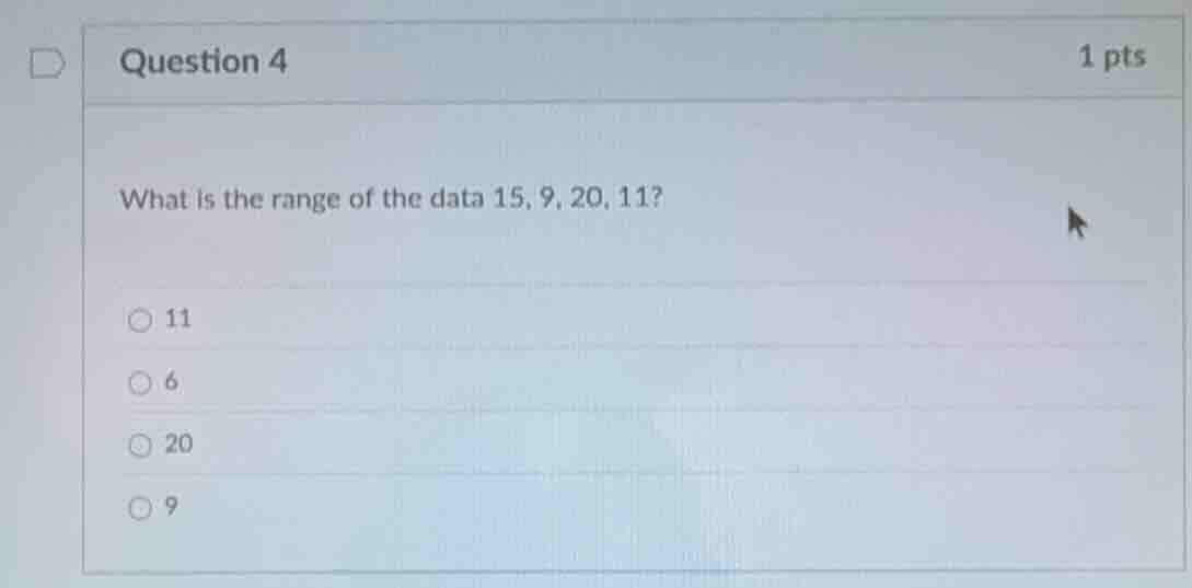 question 4 1 pts what is the range of the data 15, 9, 20, 11? 11 6 20 9