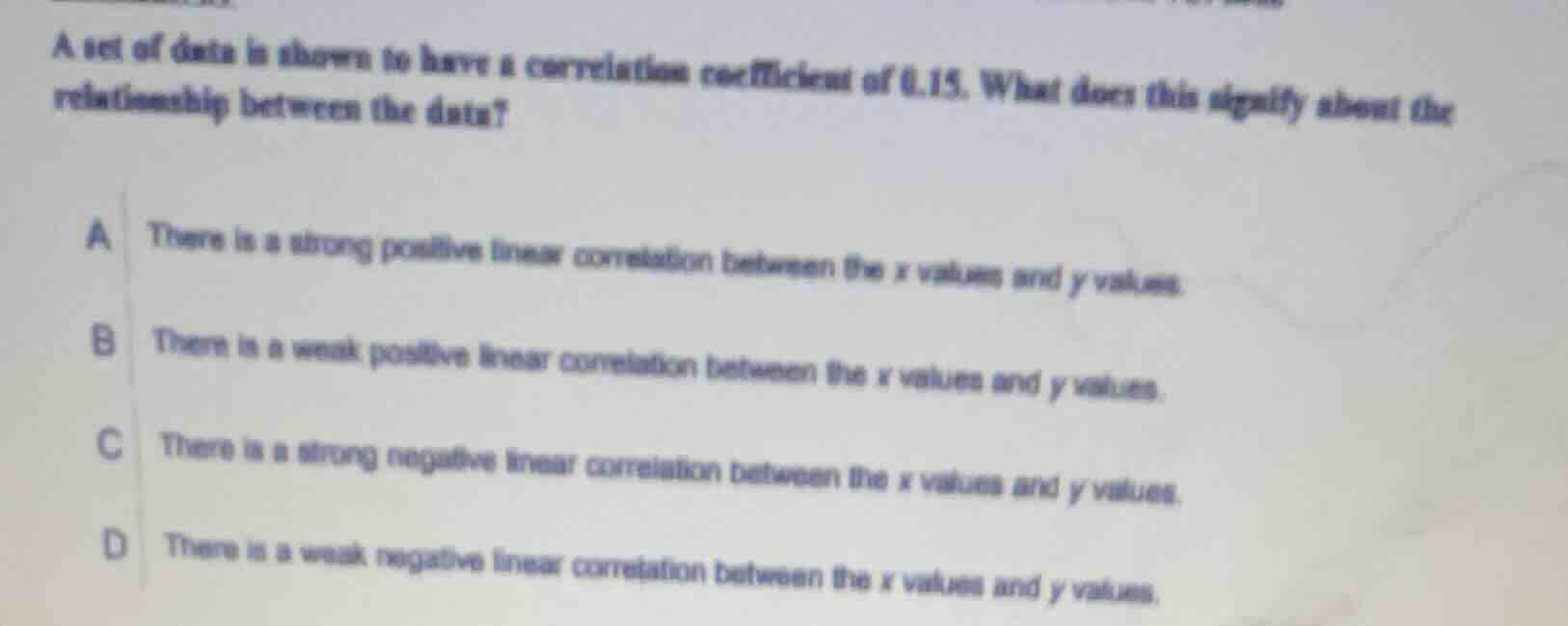 a set of data is shown to have a correlation coefficient of 0.15. what …