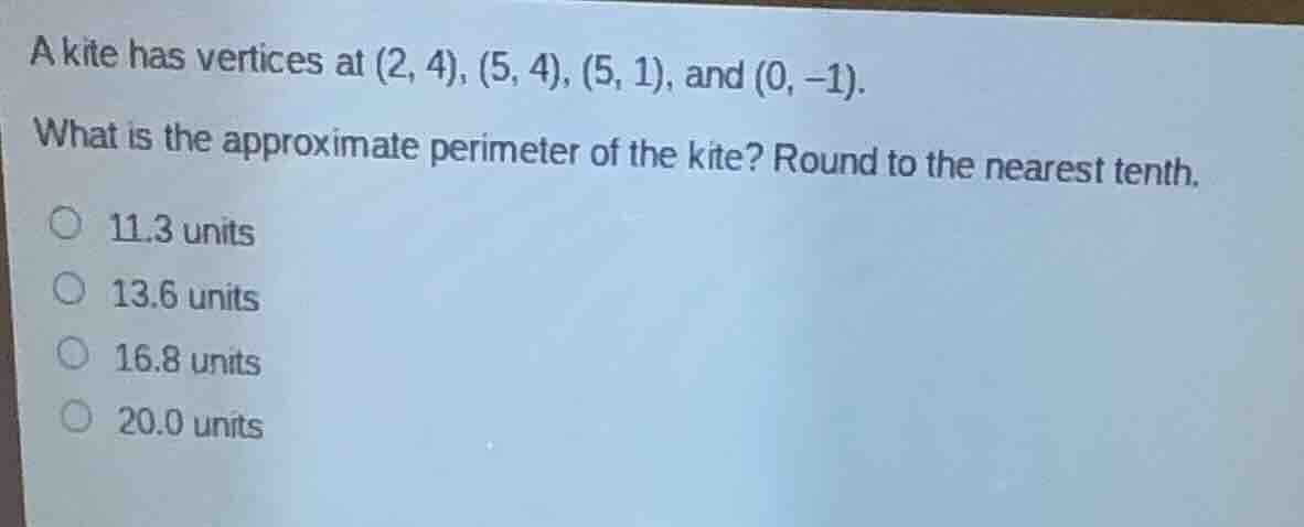 a kite has vertices at (2, 4), (5, 4), (5, 1), and (0, -1). what is the…