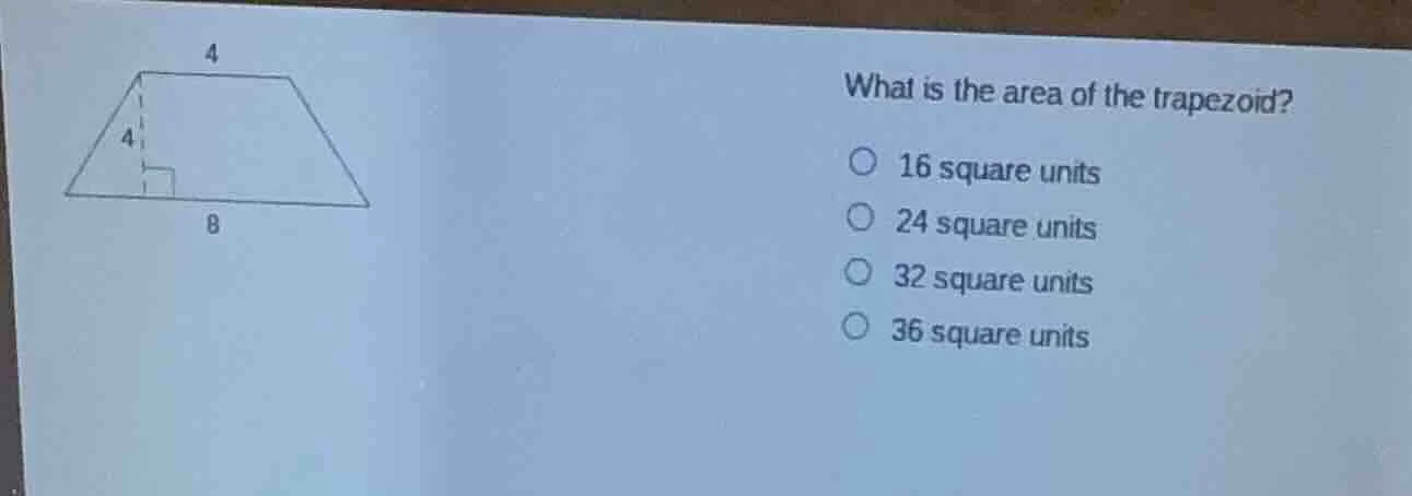 what is the area of the trapezoid? 16 square units 24 square units 32 s…