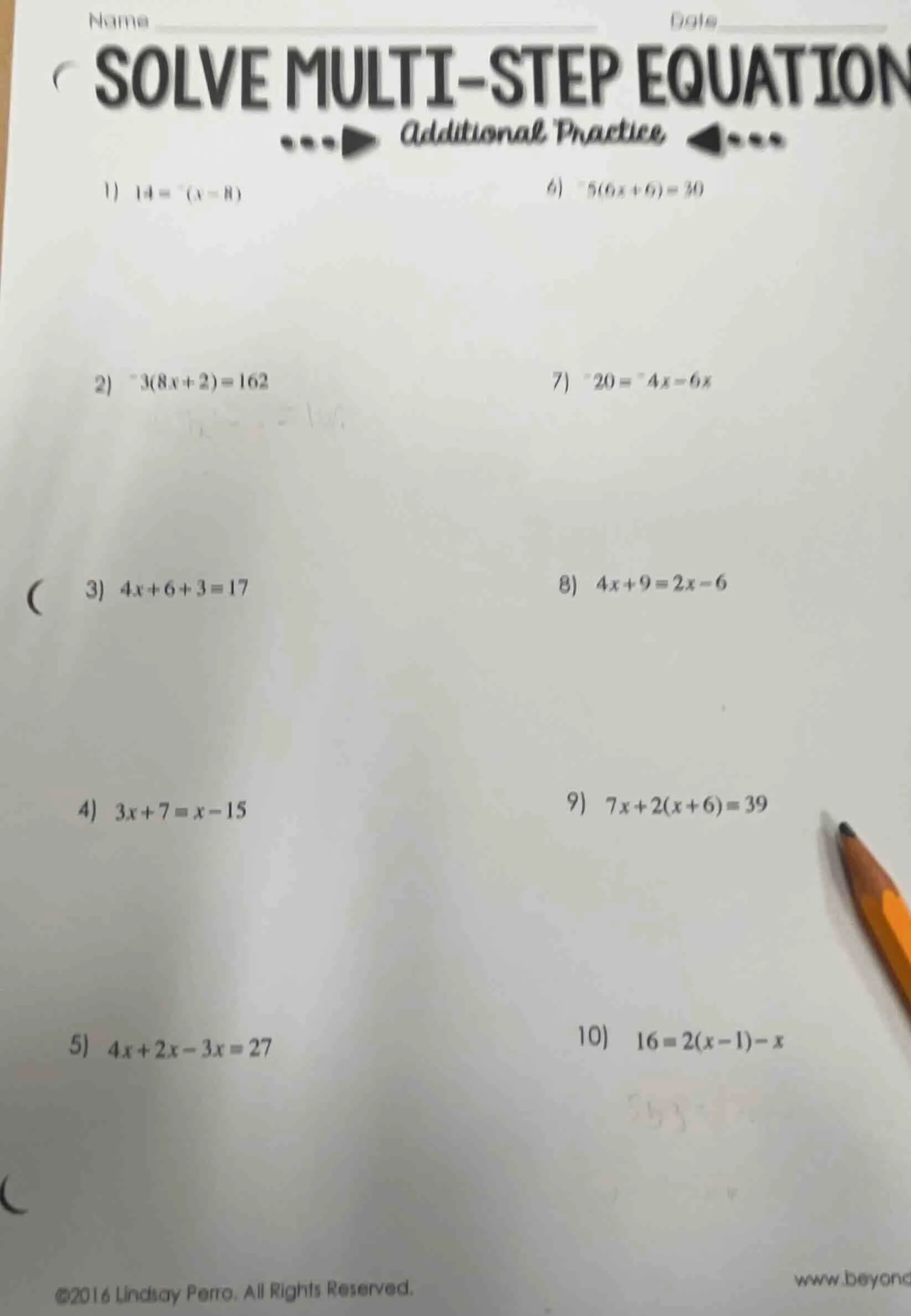name date solve multi-step equation additional practice 1) 14 = -(x - 8…