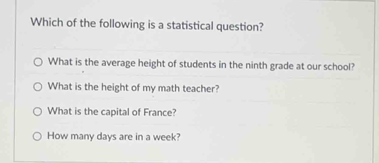 which of the following is a statistical question? ○ what is the average…