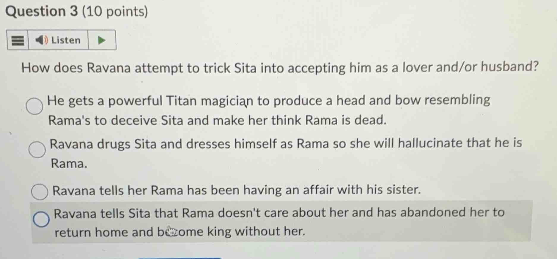 question 3 (10 points) how does ravana attempt to trick sita into accep…