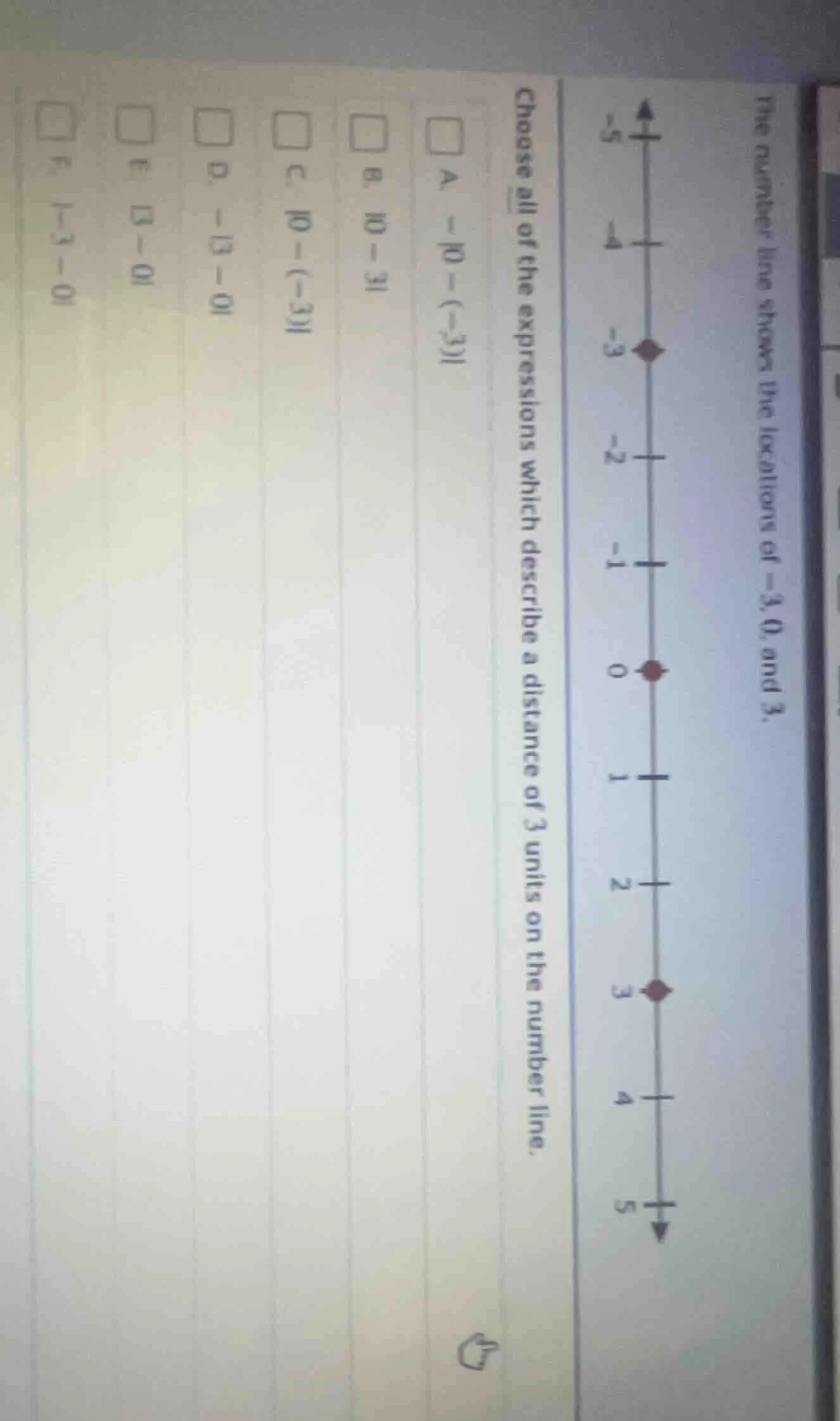 the number line shows the locations of -3, 0, and 3. choose all of the …