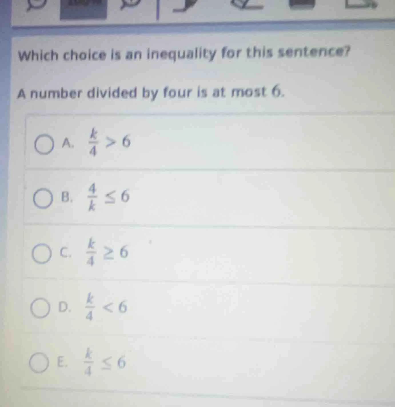 which choice is an inequality for this sentence? a number divided by fo…