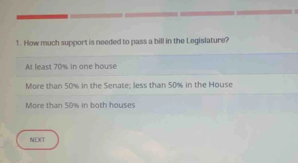 1. how much support is needed to pass a bill in the legislature? at lea…
