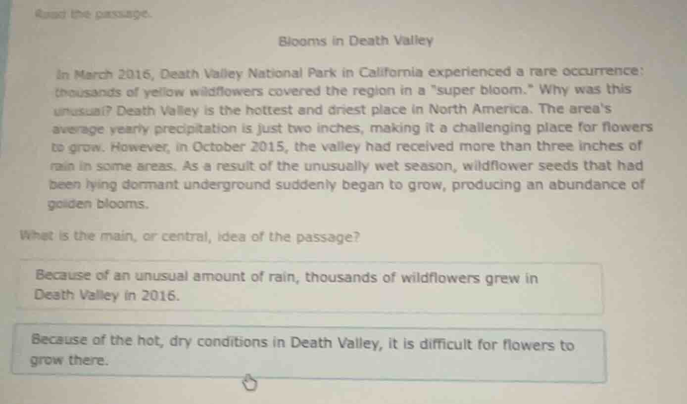 read the passage. blooms in death valley in march 2016, death valley na…