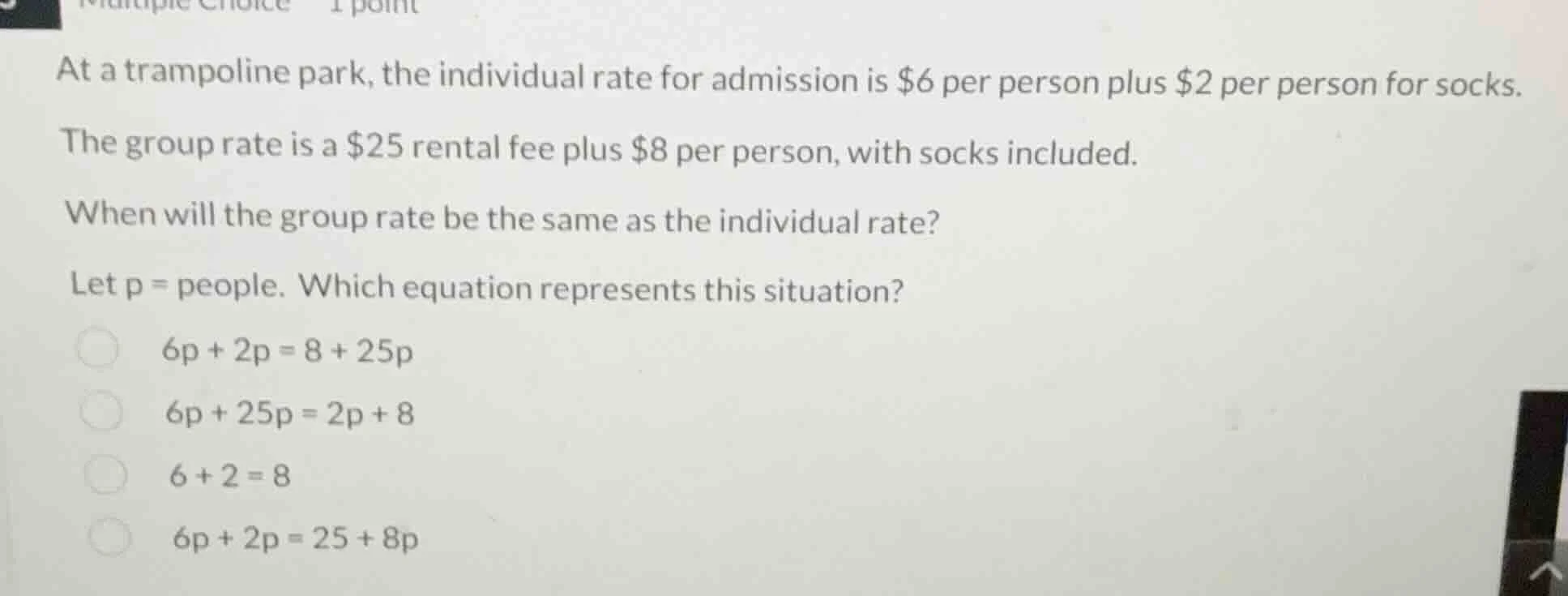 at a trampoline park, the individual rate for admission is $6 per perso…