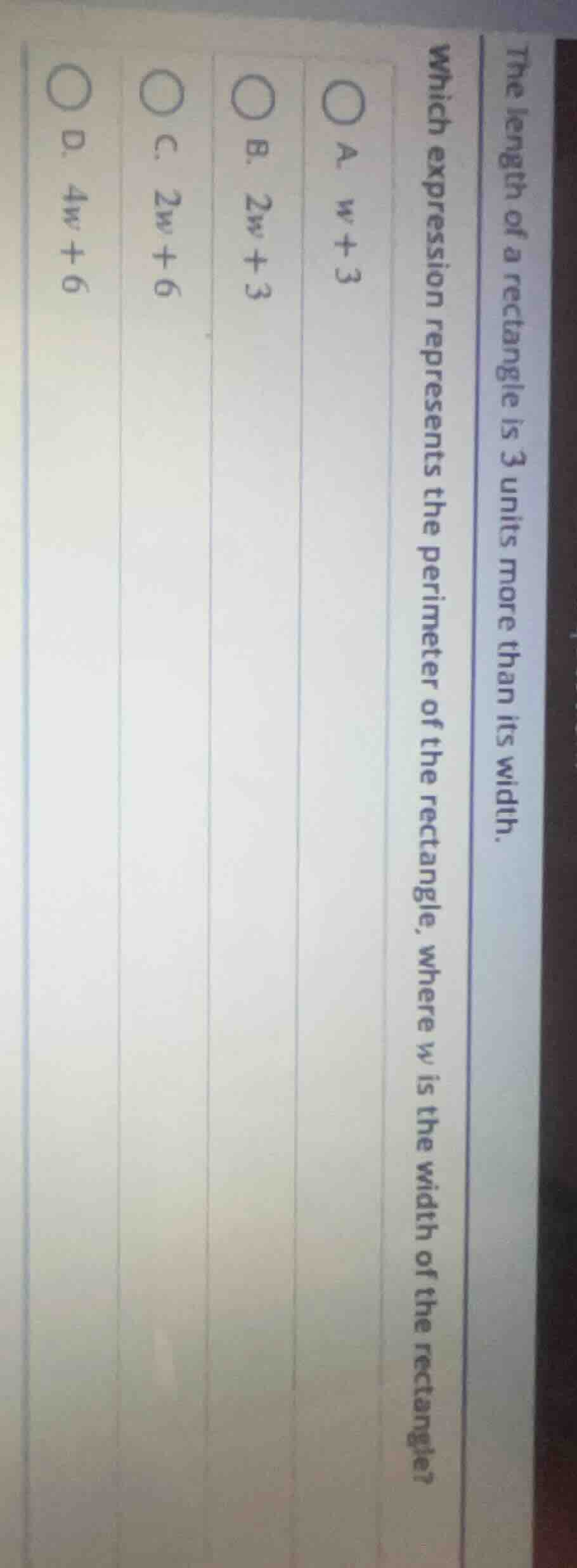 the length of a rectangle is 3 units more than its width. which express…