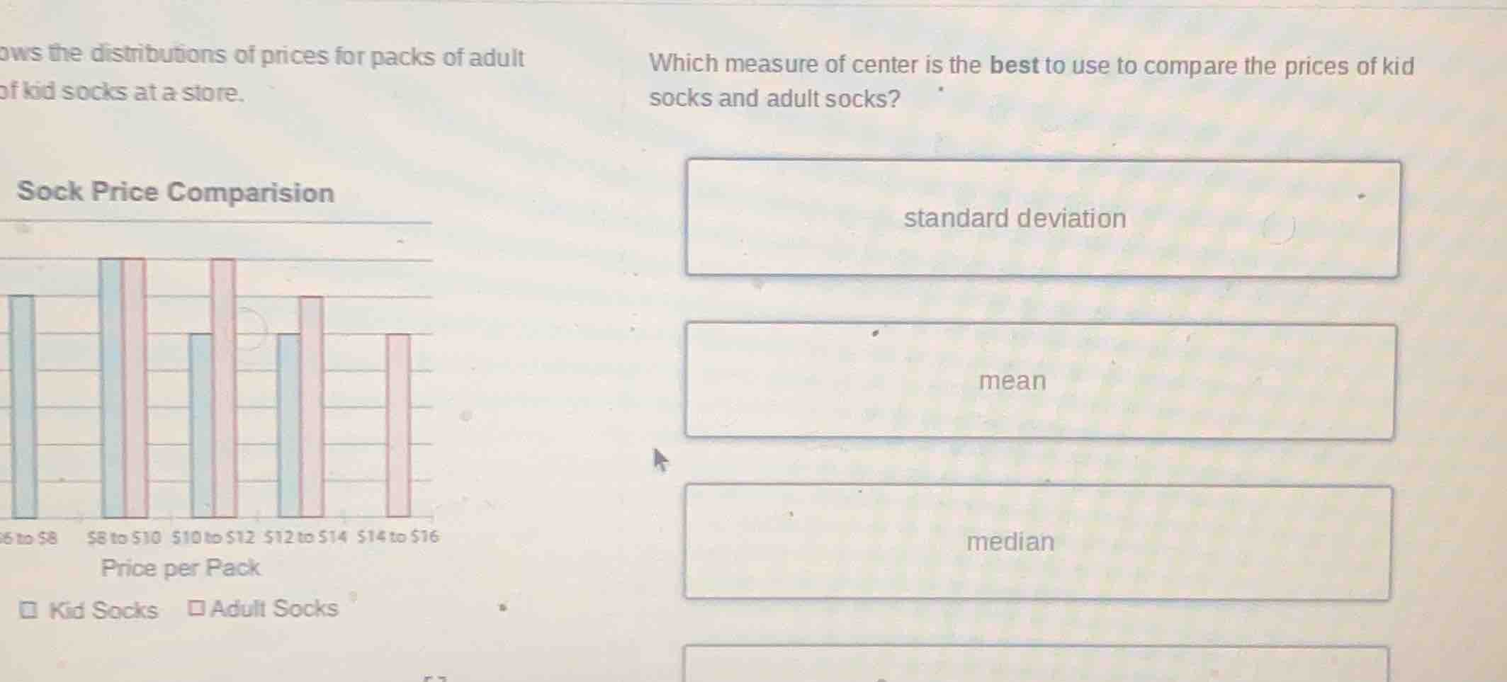 shows the distributions of prices for packs of adult of kid socks at a …