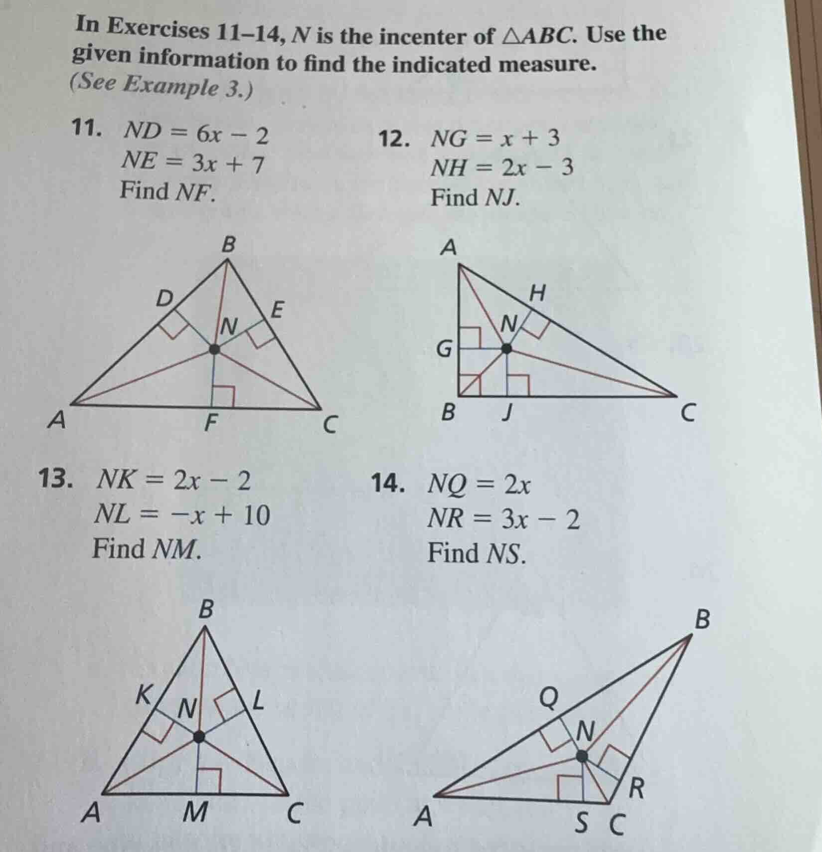 in exercises 11–14, n is the incenter of △abc. use the given informatio…