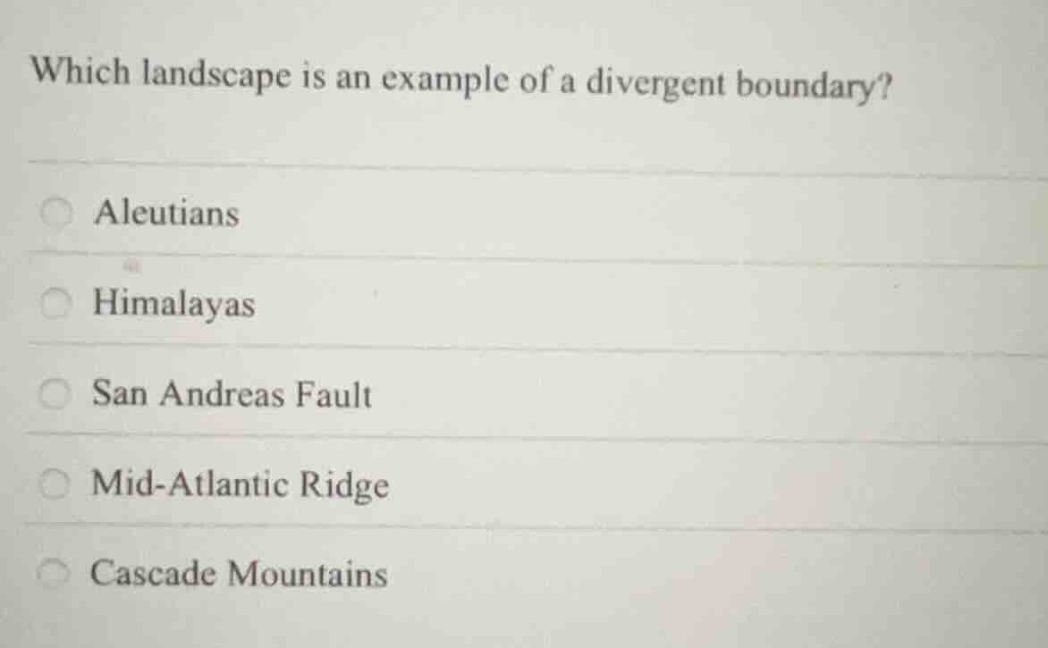 which landscape is an example of a divergent boundary? aleutians himala…