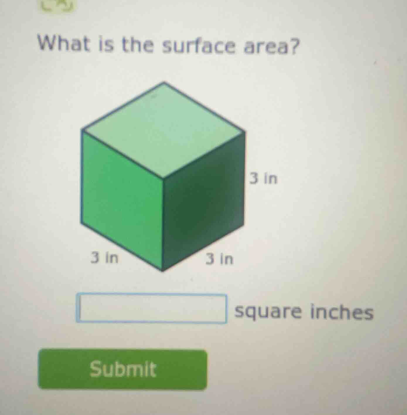 what is the surface area? 3 in 3 in 3 in square inches submit