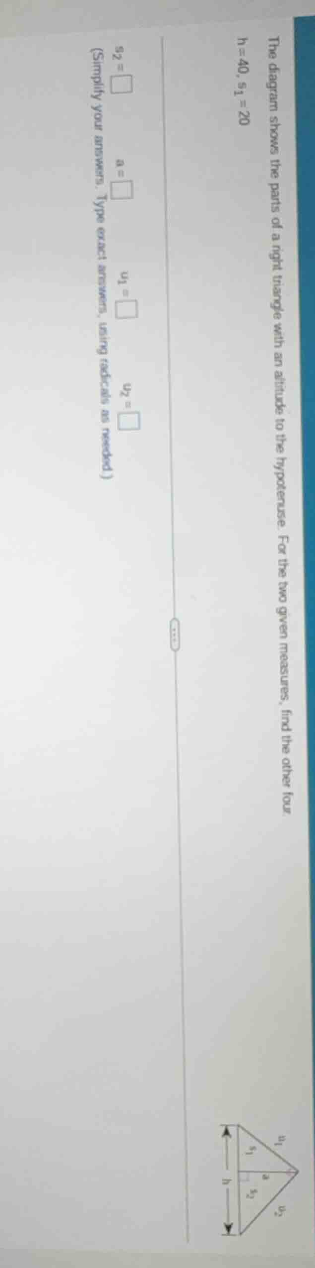 the diagram shows the parts of a right triangle with an altitude to the…