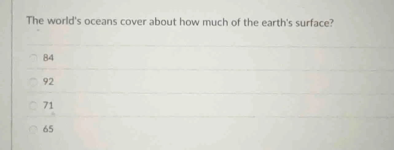 the worlds oceans cover about how much of the earths surface? 84 92 71 …
